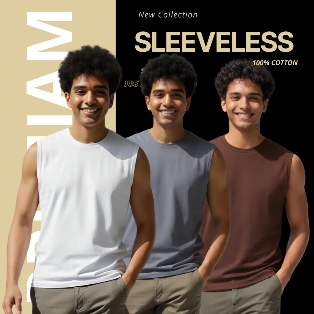 3 Pieces Premium Sleeveless T-Shirt White, Ash & Coffee.