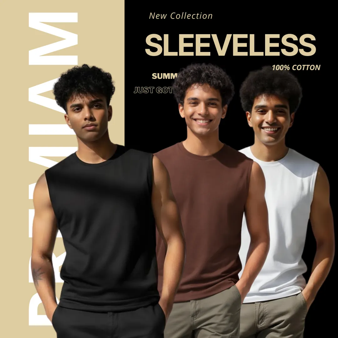 3 Pieces Premium Sleeveless T-Shirt Black, coffee & White.