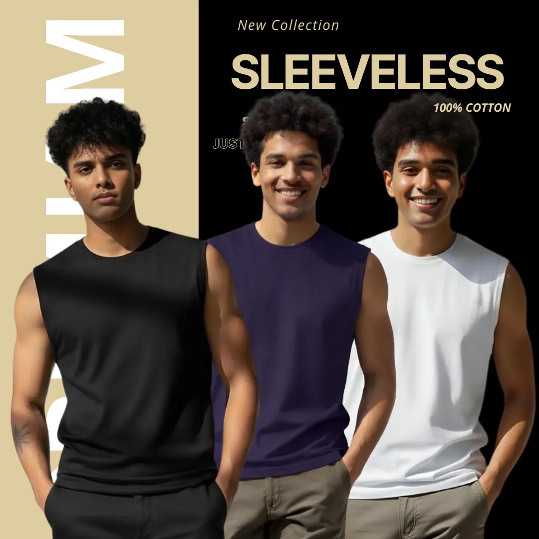 3 Pieces Premium Sleeveless T-Shirt Black, Navy Blue & white.