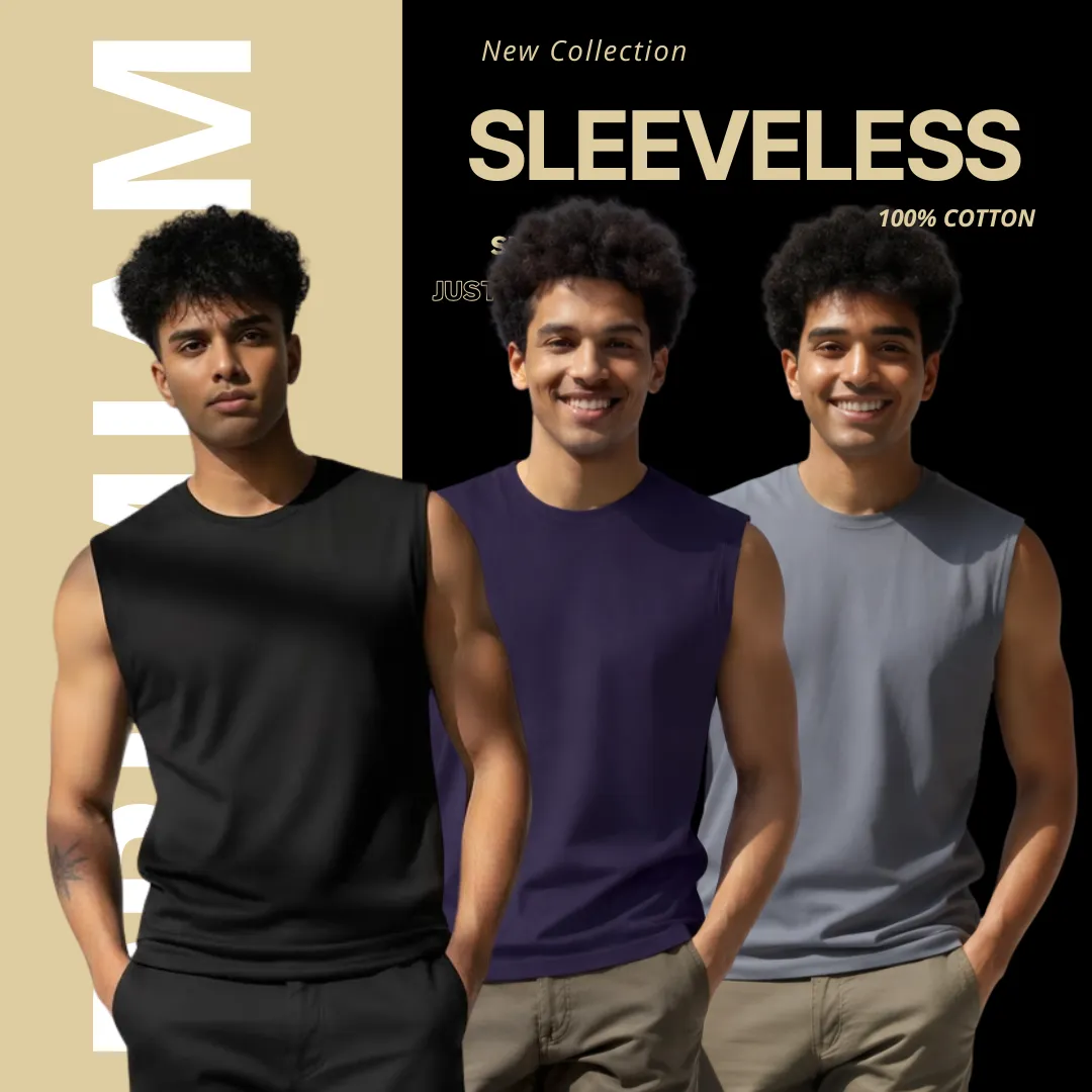 3 Pieces Premium Sleeveless T-Shirt Black, Navy Blue & Ash.