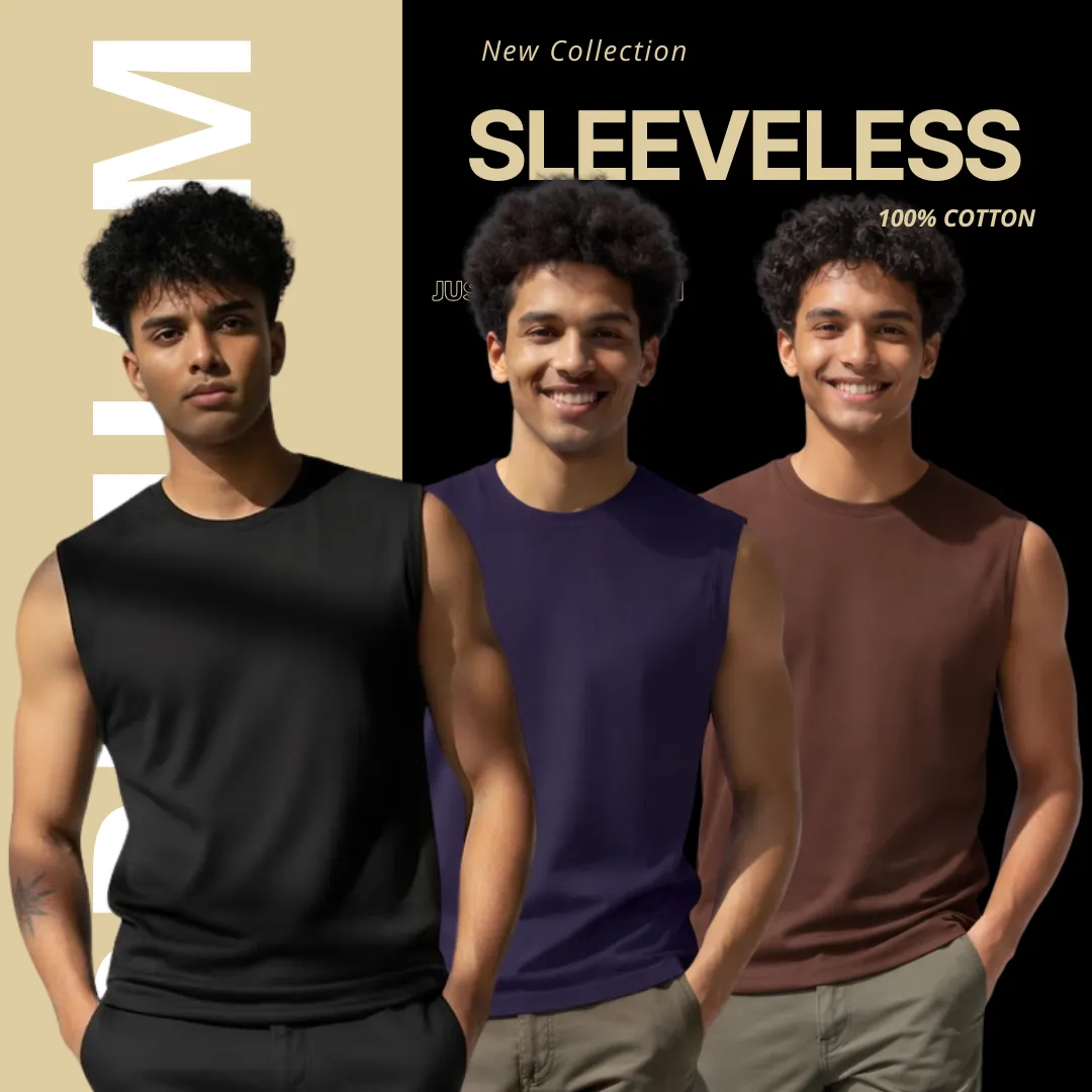 3 Pieces Premium Sleeveless T-Shirt Black, Navy Blue & Coffee.