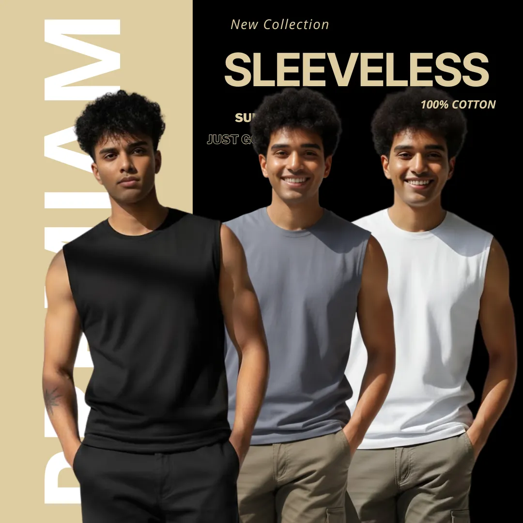 3 Pieces Premium Sleeveless T-Shirt Black, Ash & White.