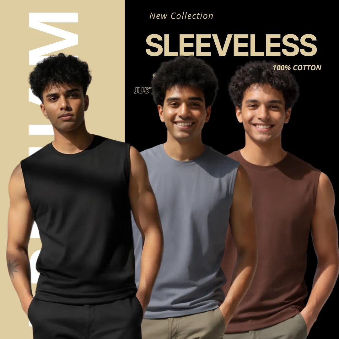3 Pieces Premium Sleeveless  T- Shirt Black, Ash & Coffee.