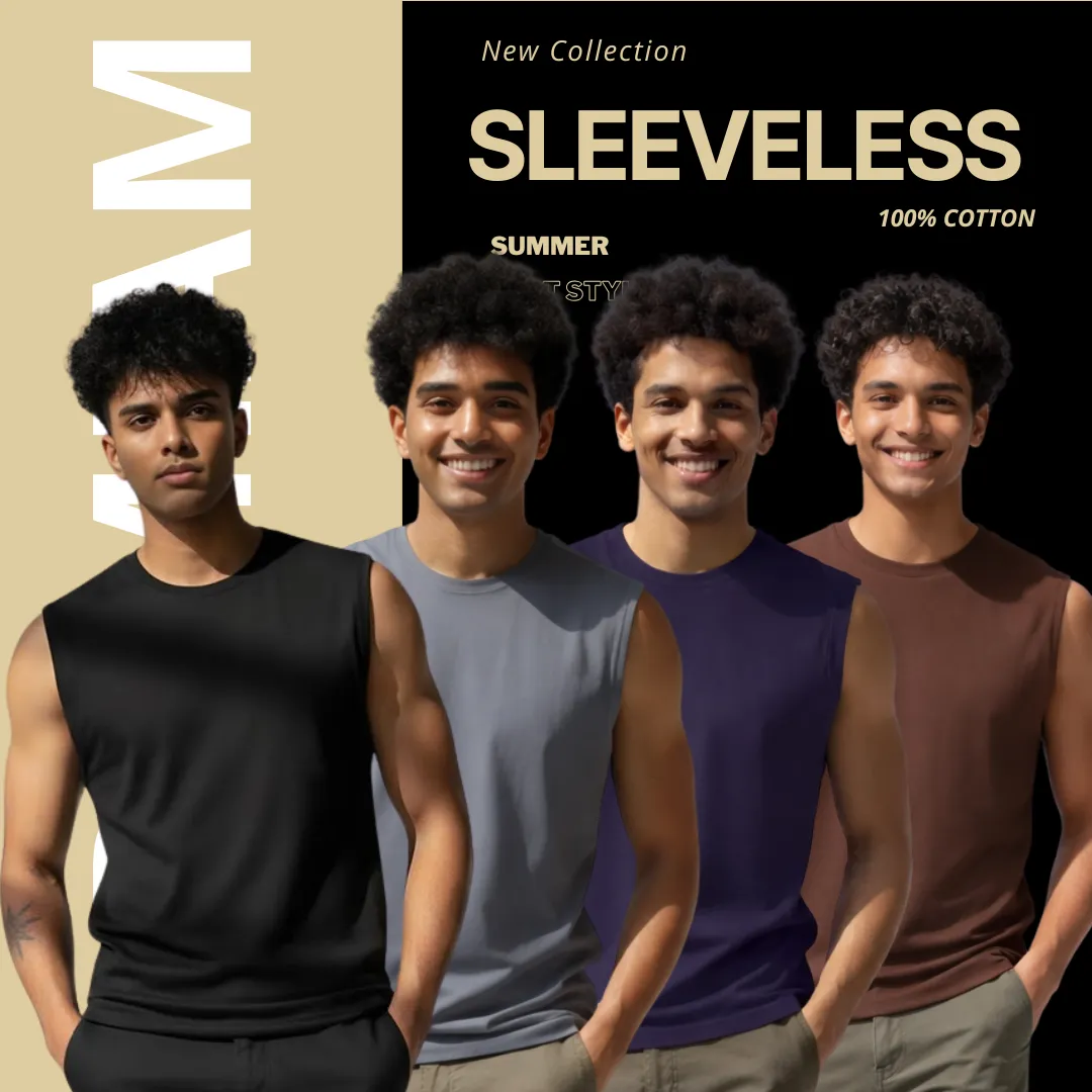 4 Pieces Premium Sleeveless T- Shirt Black, Ash, Navy Blue & Coffee.