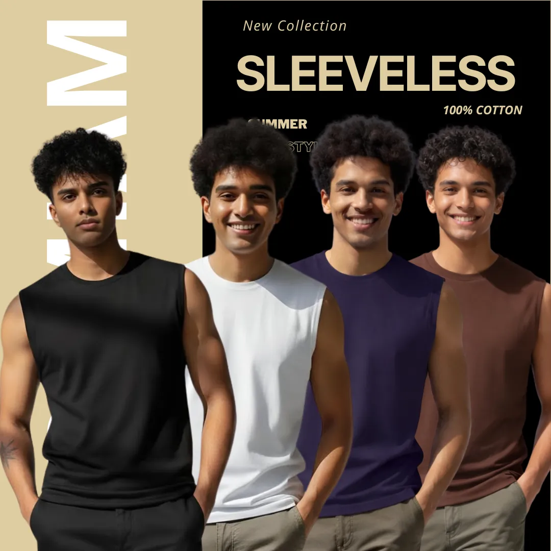 4 Pieces Premium Sleeveless T- Shirt Black, White, Navy Blue & Coffee.