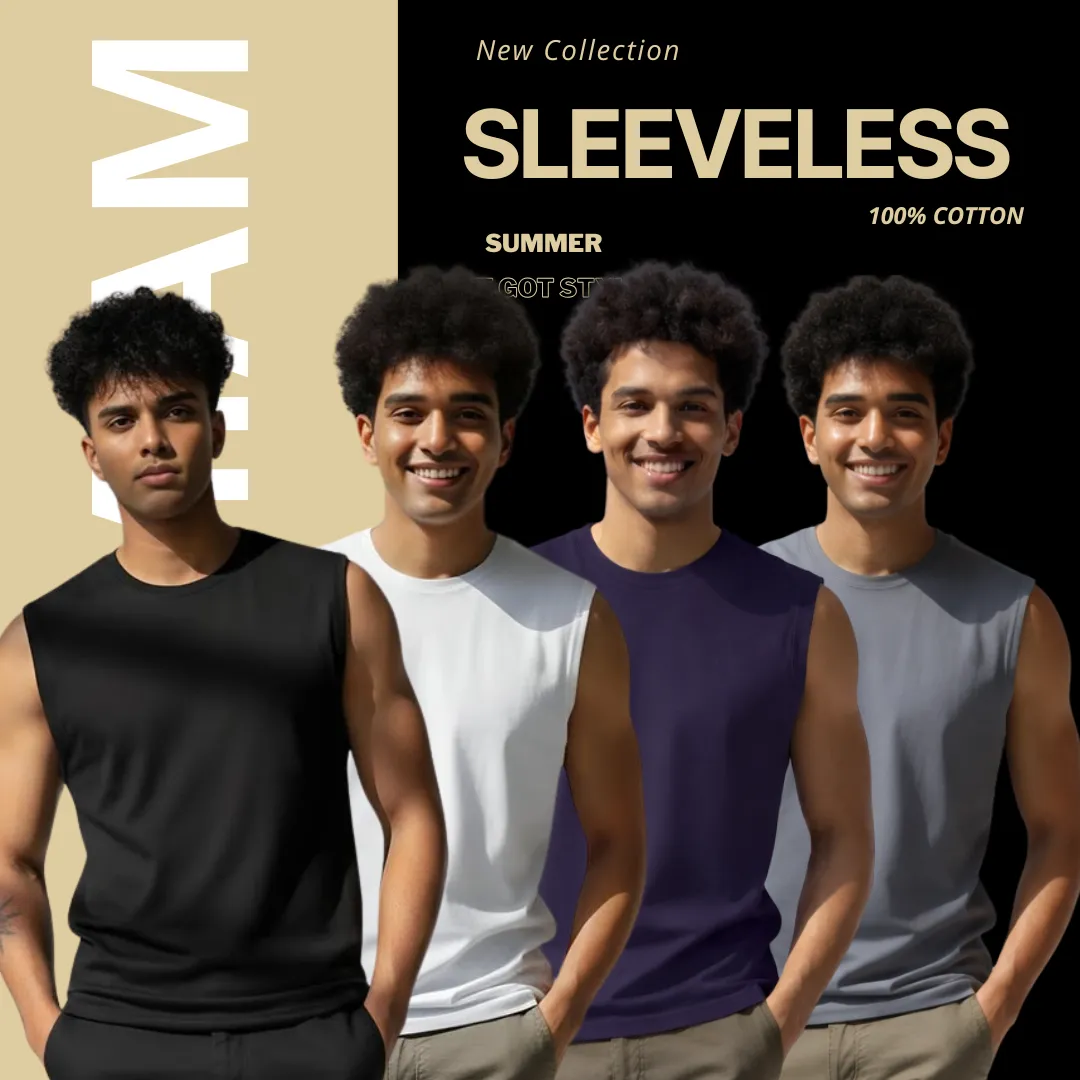 4 Pieces Premium Sleeveless T- Shirt Black, White, Navy Blue & Ash.