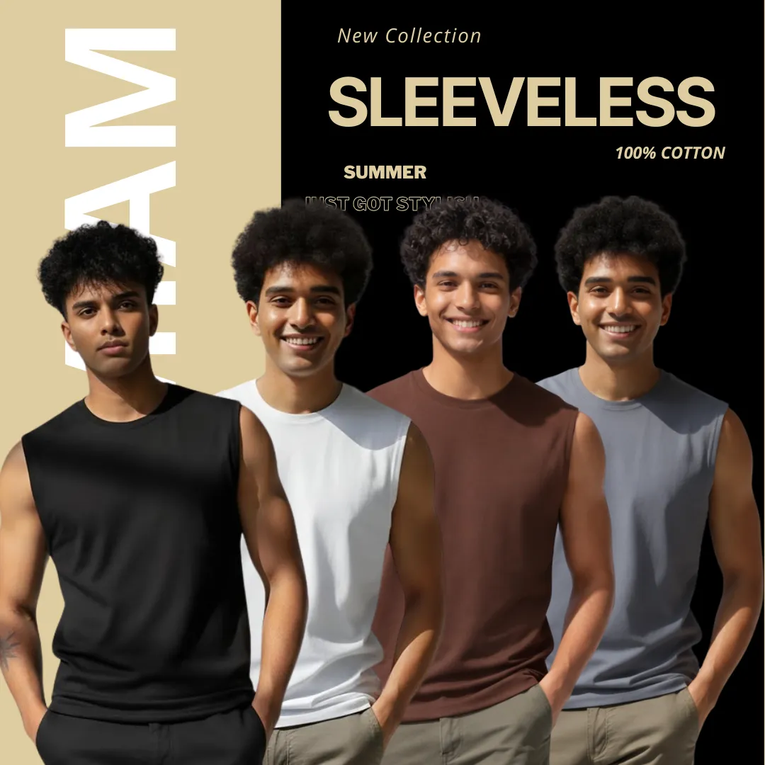 4 Pieces Premium Sleeveless T- Shirt Black, White, Coffee & Ash.