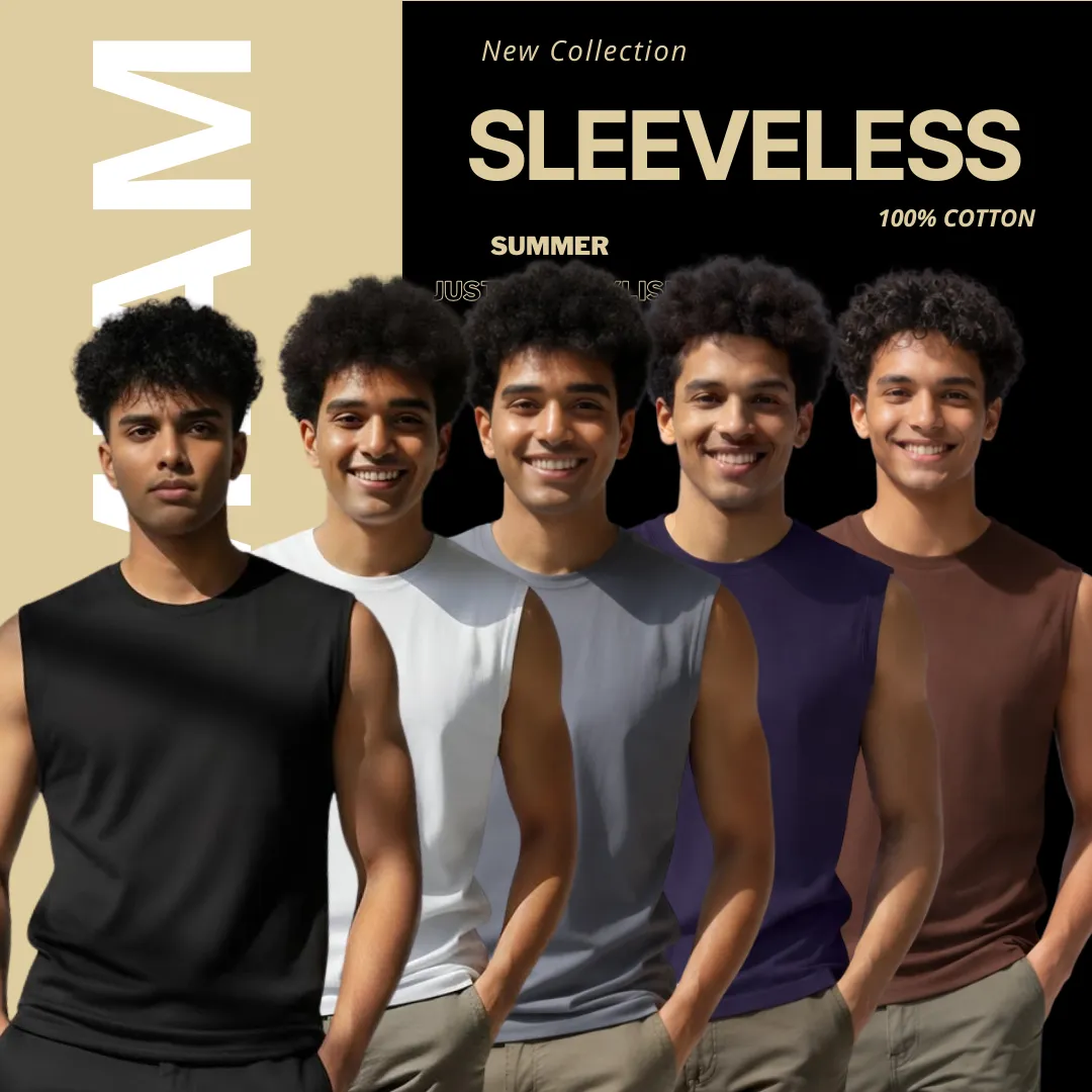5 Pieces Premium Sleeveless T- Shirt Black, White, Ash, Navy Blue  & Coffee.